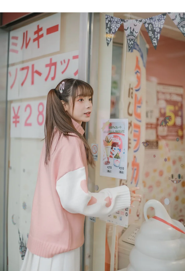 Mori Girl для женщин розовый вязаный свитер Зима Kawaii Кролик Сердце водолазка Pull Femme джемпер студент японский милый пуловер