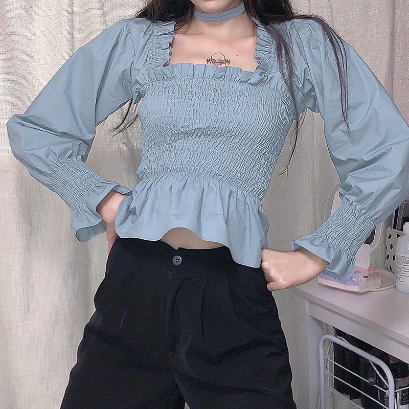 2020 Korean Popular Temperament Lotus Leaf Long Sleeve T-shirt Office Lady Full Ruffles Blue Puff Sleeve T Shirt for Women