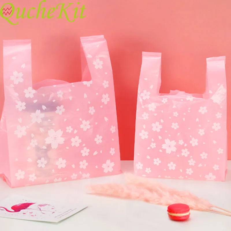 50pcs Pink Cherry Plastic Gift Bags Vest Shopping Bags Food Container