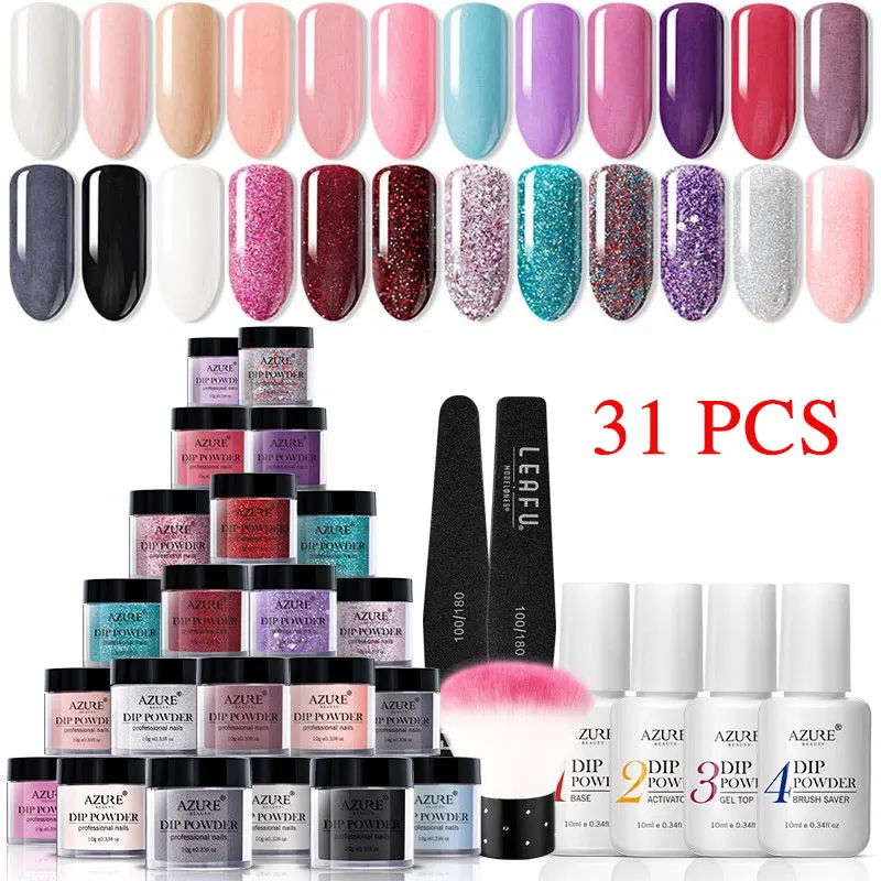 

Azure Beauty 31Pcs/Lot Full Set Dipping Powder Nail Kits Gradient Color Glitter Nail Powder Holo Powder Base Top Gel Brush Kits