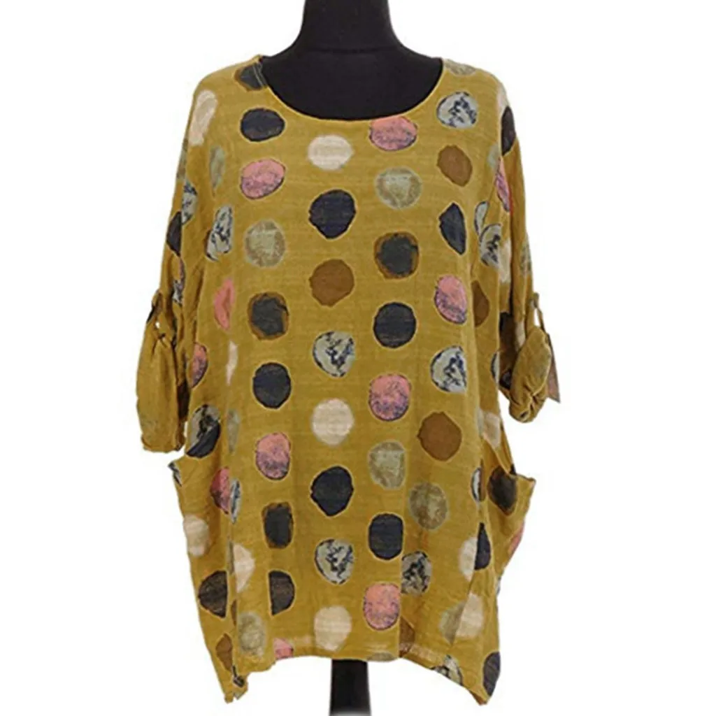 Осенняя Новая модная женская рубашка с длинными рукавами и карманами большого размера с принтом в горошек Повседневная Блузка