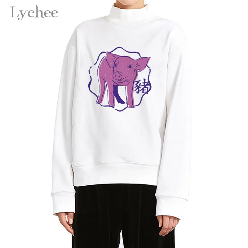 Lychee Harajuku/Женская толстовка с мультяшным животным принтом, повседневные свободные женские пуловеры с круглым вырезом, весенне-осенние дамские свитшоты, топы - Цвет: Pig Chinese