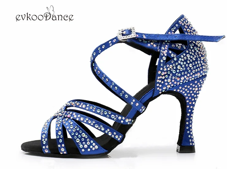 blue 9-9.5cm heel Высота каблука 9-9,5 см; туфли для латинских танцев; Zapatos De Baile; цвет красный, синий; Атлас со стразами; размеры США 4-12; для женщин; NL306 - Цвет: blue 9-9.5cm heel
