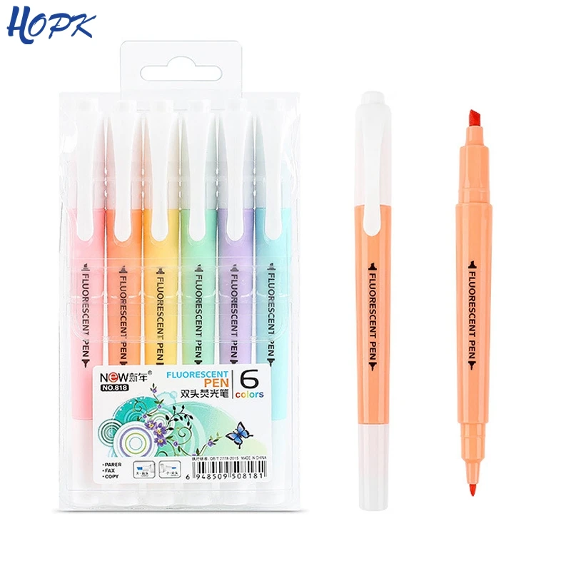 Rotulador subrayador de colores, suministros para oficina y escuela, marcador fluorescentes de doble punta con forma de dulce, juego de 6 unidades