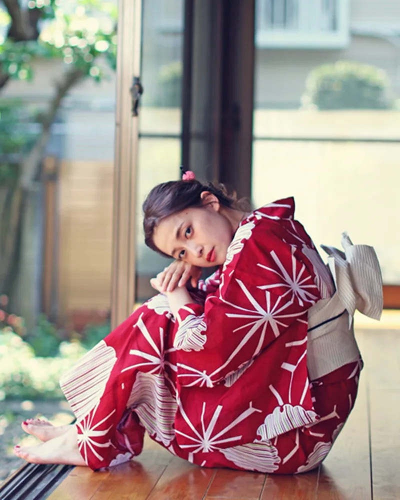 Женская традиционная юката японское кимоно халат фотография платье косплей костюм красный цвет печать винтажная одежда