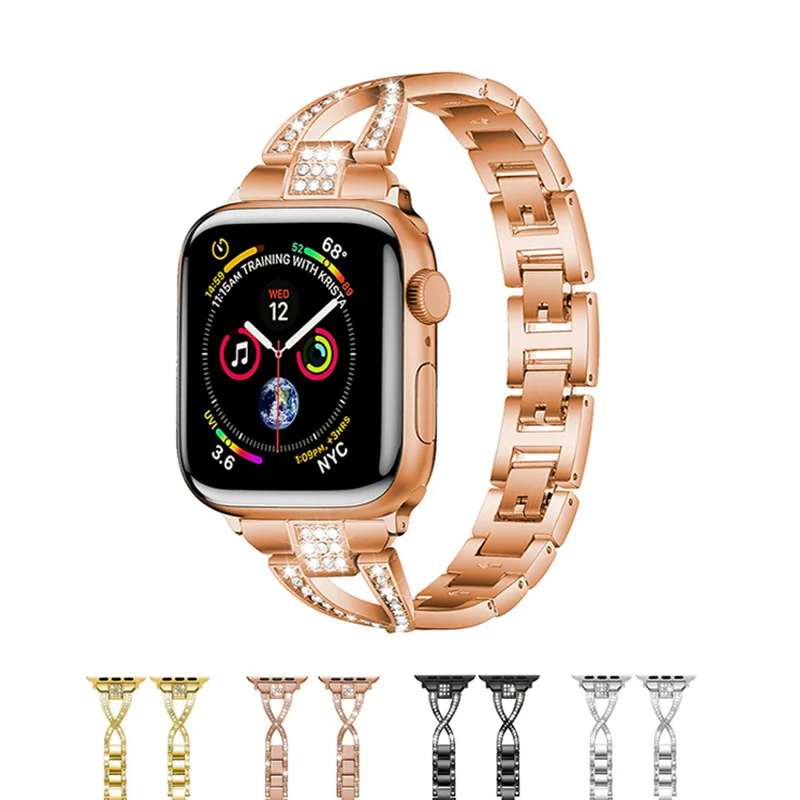 

High Quality Intersect Metal Smart Watch Band Diamonds Strap for Apple Watch 6 SE/5/4/3 38 40 41MM /42 44 45MM Gold Wristband