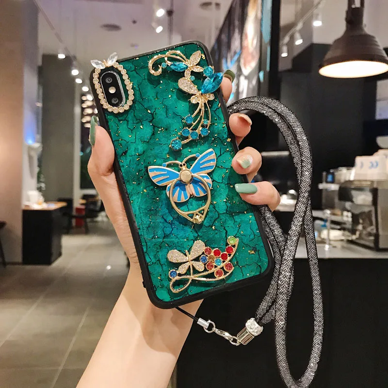 Модный мраморный 3D Блестящий Алмазный чехол с кольцом на палец для iPhone XSMAX XR XS 8 Plus чехол сo шнуром