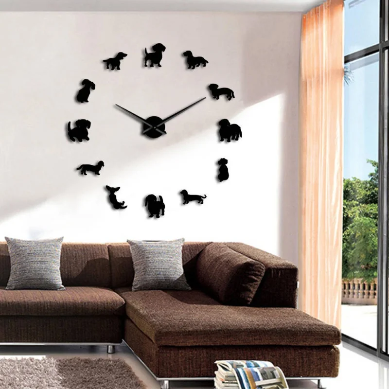 

DIY Wall Clock Art Dog Patterns Large Wall Clock Quartz Needle Creative No Frame Wall Clock With Mirror Effect Home Decoration