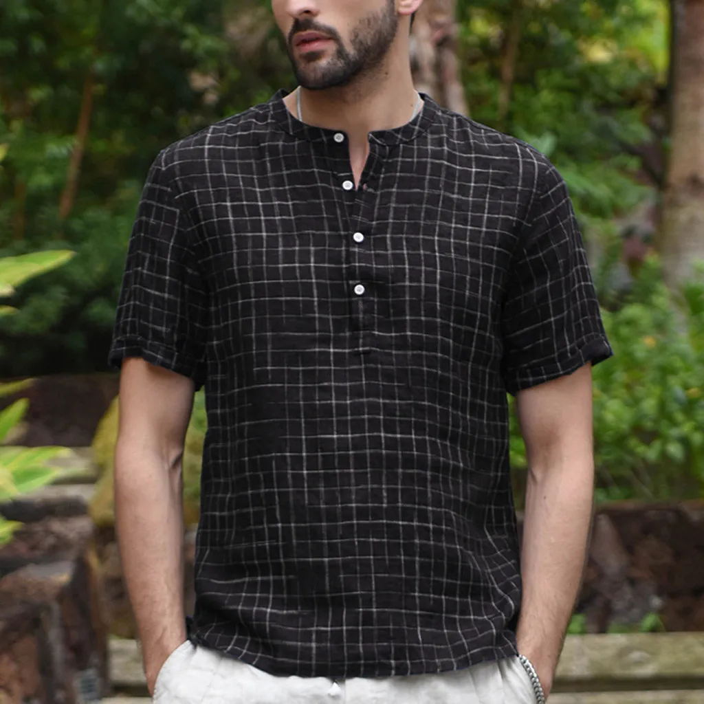 Camisa Masculina Для мужчин Винтаж Сращивание Кнопка плотный льняной пиджак короткий рукав Ретро Рубашки, Топы, блузки