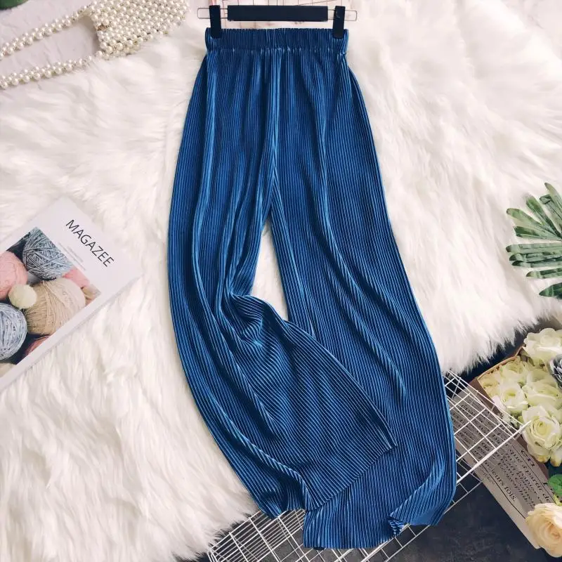 

Women's ice silk pleated thin high waist straight wide leg pants