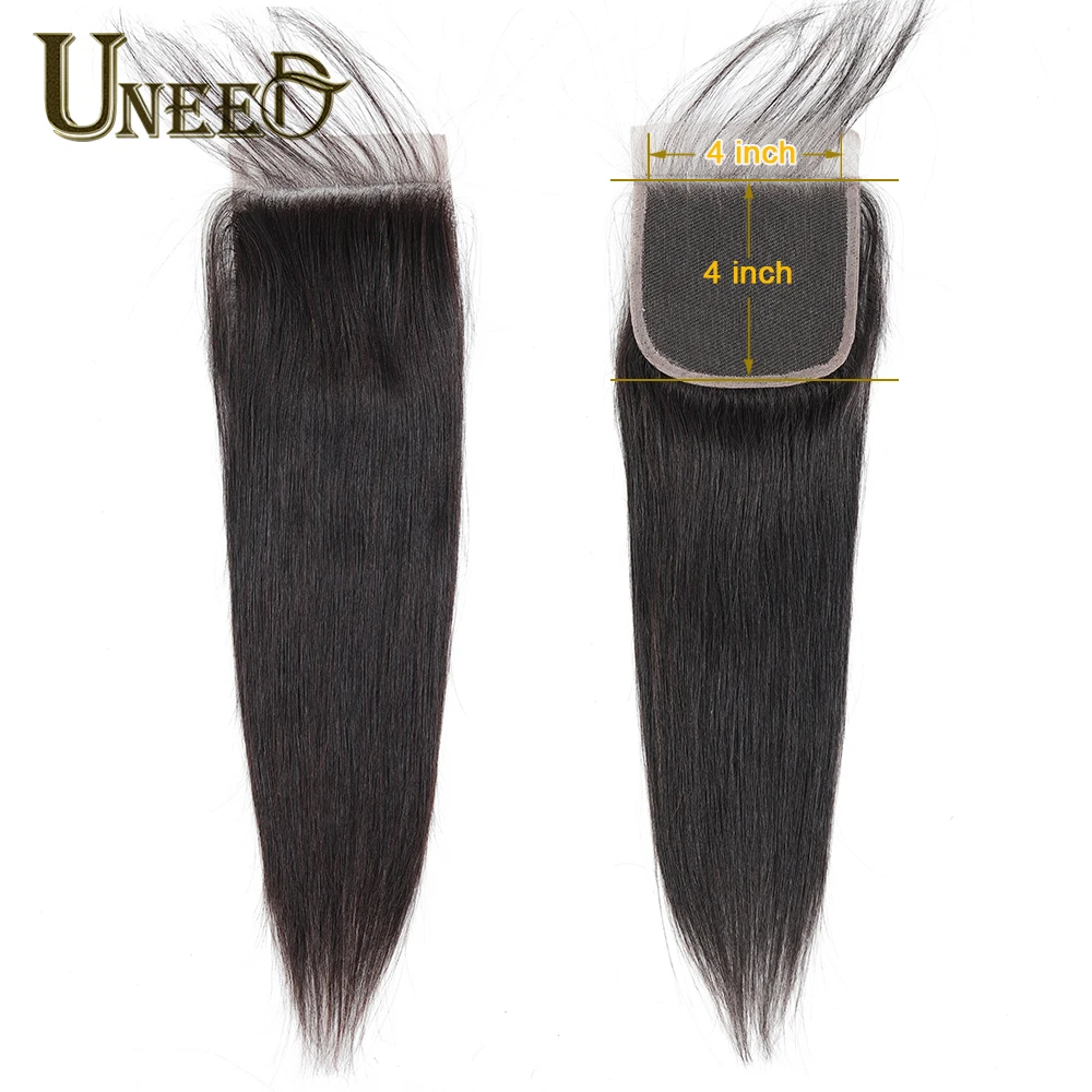 Uneed перуанские прямые волосы Кружева Закрытие 100% Remy человеческие закрытие 4x4