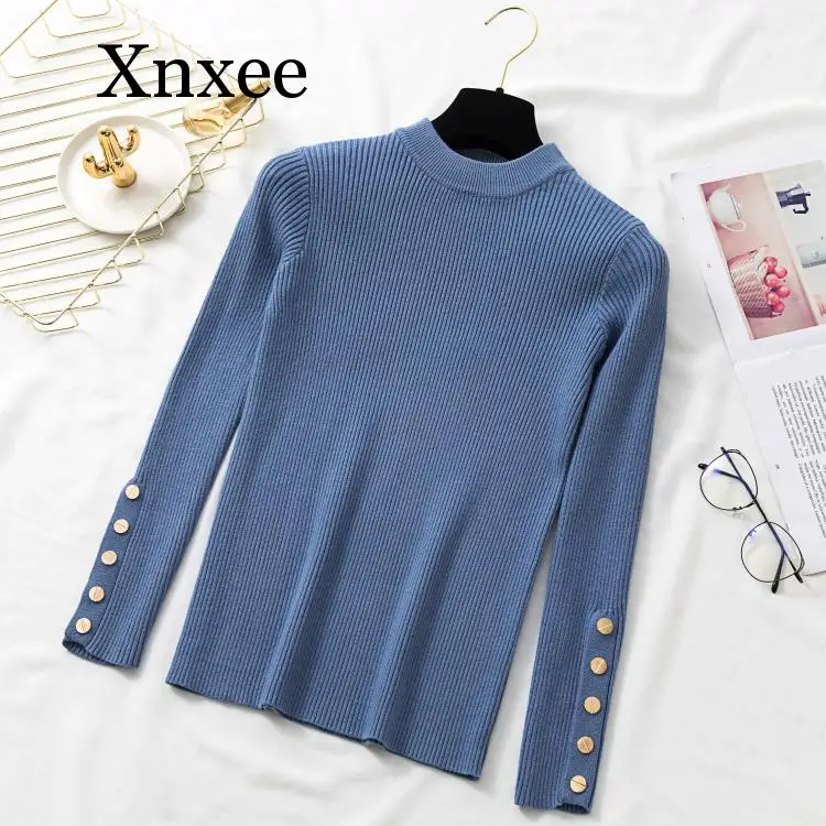2020 Autumn Women Long Sleeve Pure Slim Sweater Winter Knitted Turtleneck Casual Cashmere Pullover Metal Buttons Split Cuff