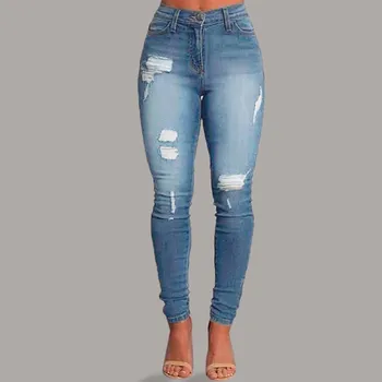 

High Waist Jeans for Women Fashion Slim Hole Leopard Patchwork Long Jeans Sexy Ripped Denim jeans pants push up jeans #35
