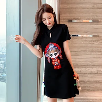

2020 New Sexy Summer Short Sleeve Cheongsam Chinese Style Women's Clothing Plus Size Fashion Button Black Mini Dress Female