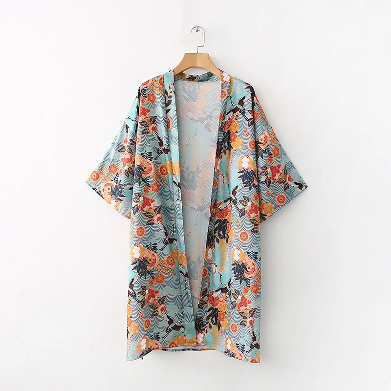 

2018 Western Style Spring And Summer WOMEN'S Dress New Style Crane Floral Print Loose-Fit Long Kimono Cardigan