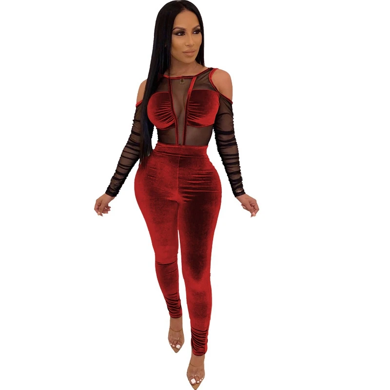 Elegant Sexy Jumpsuits for Women 2020 Long Sleeve Patchwork Mesh Black Bodycon Jumpsuit Rompers Backless Party Club Jumpsuit