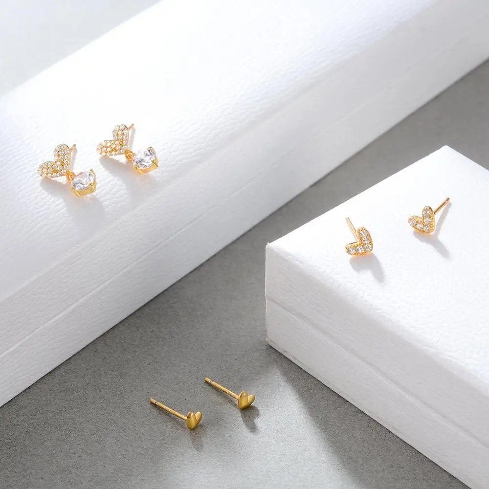 E 925 Sterling Silver Heart Earrings for Women 18K Gold Plated Love Stud Earring White Zircon 3 Pairs Fashion Jewelry Ears Set
