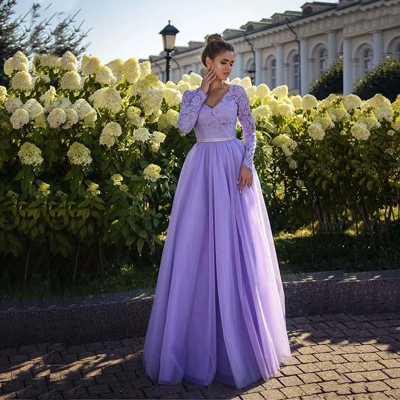 Charming Lilac Lace Long Sleeve Prom Party Dresses V Neckline Beaded Belt Back Out Wedding Guest Gowns Length robes de soirée sage green prom dress