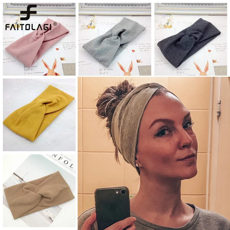 

Women Headband Solid Color Wide Turban Twist Knitted Cotton Hairband Spiral Double Girls Makeup Elastic Hair Bands Accessories