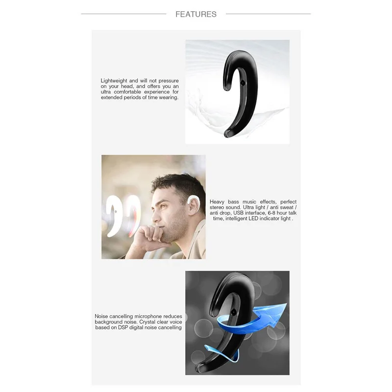 Беспроводная bluetooth-гарнитура облачная проводимость крючок для сережки наушники с вызовом микрофон громкой связи интеллектуальные стерео наушники гарнитура