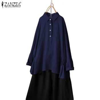 

2020 Vintage Cotton Solid Shirt ZANZEA Women's Blouse Side Strappy Buttons Front Blusas Lady Work Office Tunic Tops Plus Size