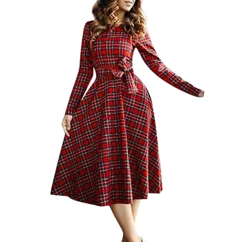 

Plaid Vintage Long Sleeve Maxi Dress For Woman Spring Ladies O-Neck Casual Dresses Evening Party Dress Ropa Mujer #LR2