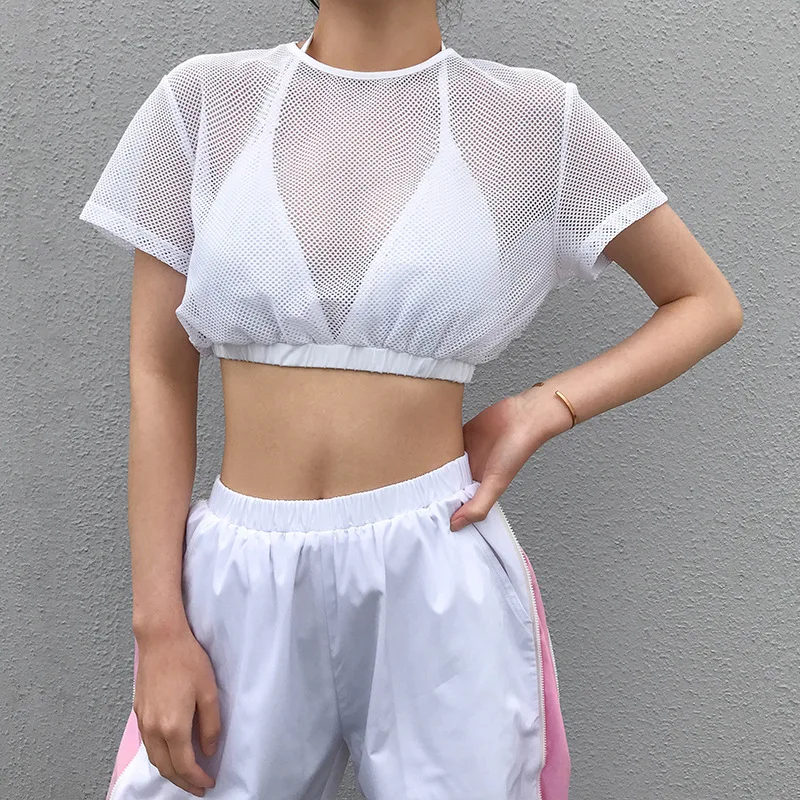 

White Mesh Crop Top Women 2020 Summer Style Short Sleeve Ladies Sexy Tops Faux Two Piece Transparent Womens Streetwear T Shirt