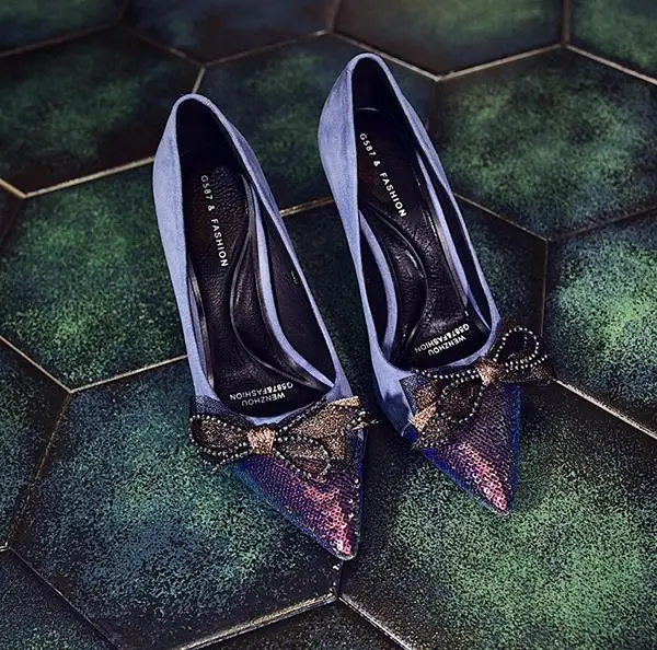 Fairy shoes single shoes tide spring and autumn bow high heels were thin sexy net red shallow mouth