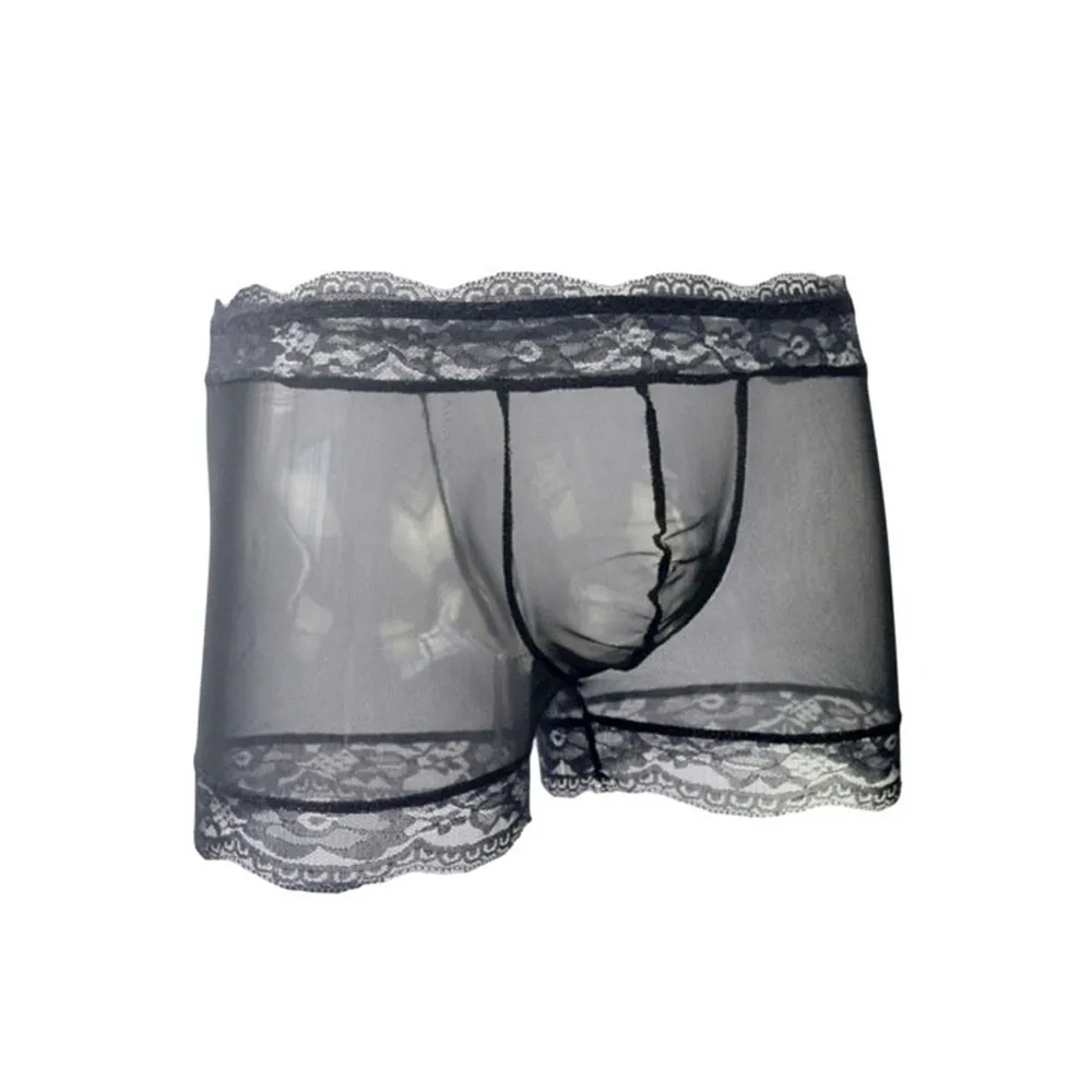 Men Sexy Lace Flat Boxer Shorts Underwear Lingerie Pure Color Transparent Breathable Thin Panties Briefs Трусы Мужские