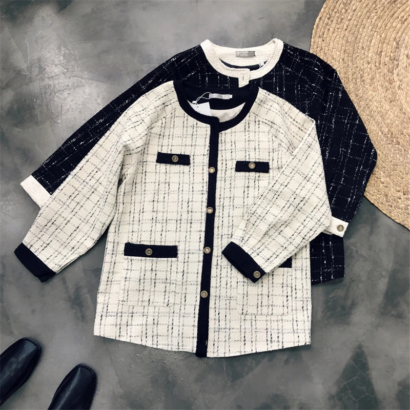 

CRRIFLZ 2020 New Short Tweed Plaid Jacket Women Autumn Hit Color Jacket Coat