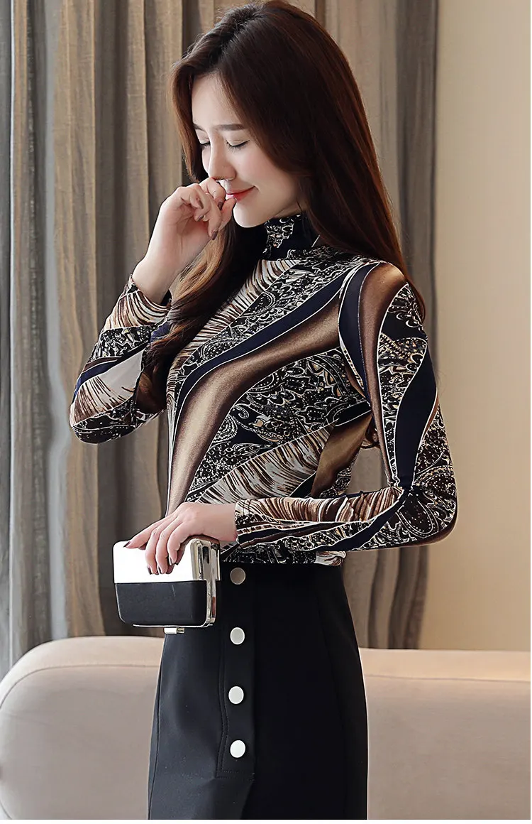2019 New Winter Turtleneck Blouse Women Vintage Print Tops Female Casual Plus Size Shirt Femme Elegant Long Sleeve Blusas Mujer  (11)