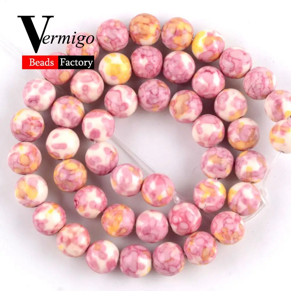 Натуральные дождевые цветы из камней бусины для изготовления ювелирных изделий розовый синий, фиолетовый, зеленый Круглые бусины ожерелье самодельное браслет 4 мм-12 мм 15'' - Цвет: Pink Yellow