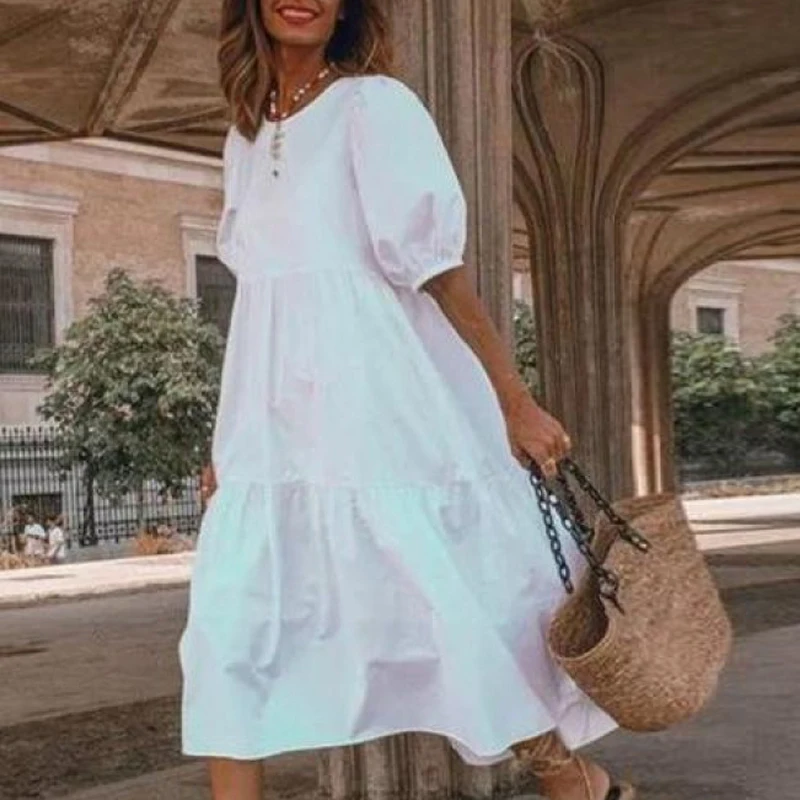 Женское летнее платье трапеция элегантное пляжное с круглым вырезом и коротким