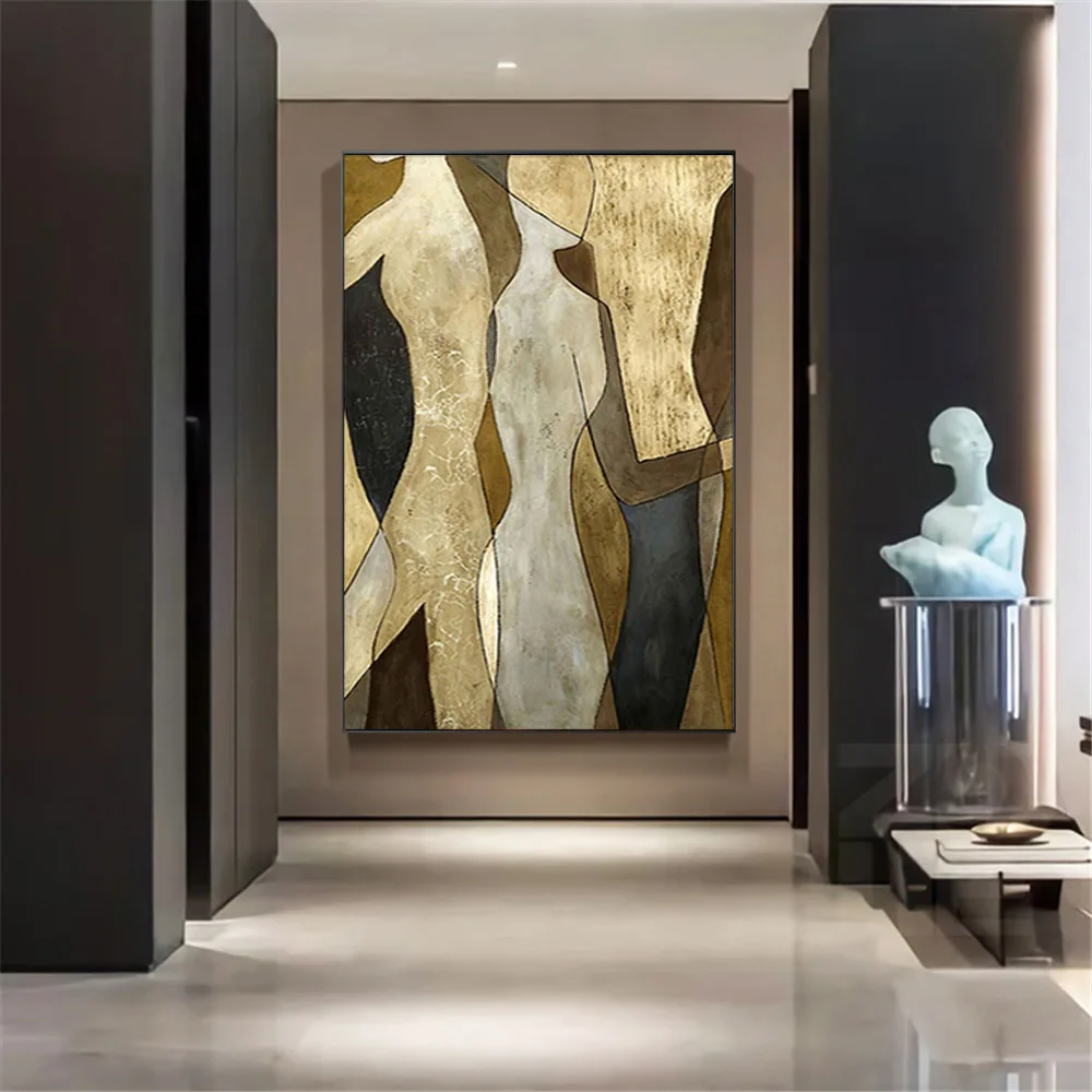 100% Handmade Modern Abstract Decorative Figure Picture Oil Painting On  Canvas Wall Art Gold Brown Retro Large Vertical Mural