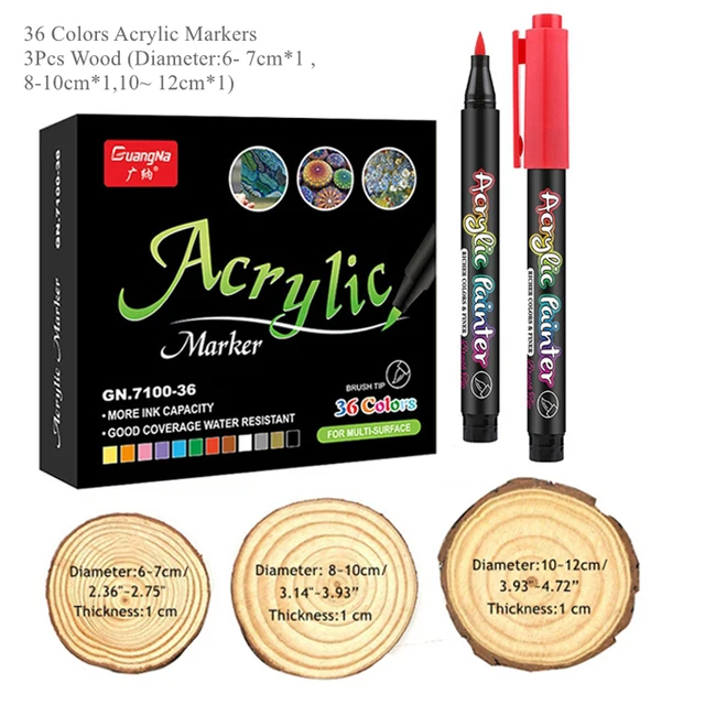 36 Colors Acrylic Paint Pens Acrylic Brush Marker Pens for Rock Painting, Stone, Ceramic, Glass, Wood, Canvas ,DIY Card Making. 36 pens-3 wood