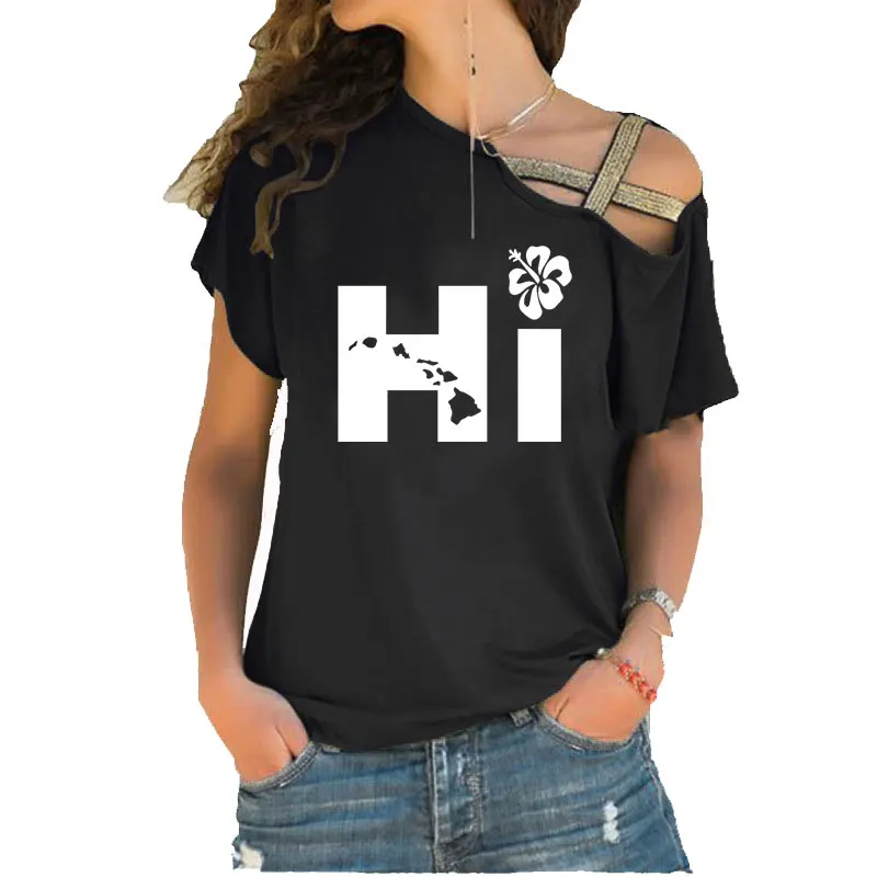 

Забавная футболка HI с принтом Гавайских островов, летние женские Асимметричные бандажные хлопковые футболки с коротким рукавом и перекрестными полосками