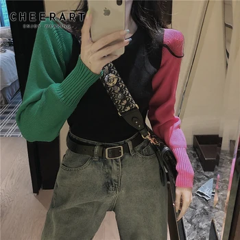 

CHEERART Color Block Sweater Pullover Women Colorful Winter Jumpers Knitwear Casual Sweater Top Designer Sweater Fall 2019