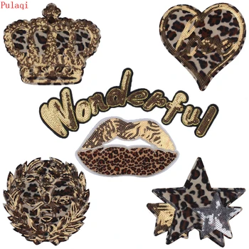 

Pulaqi Lip Sequins Patches Sewing Fabric Heart Stars Patches Print Leopard Stickers Sew On Clothing Patches For Sewing Accessory