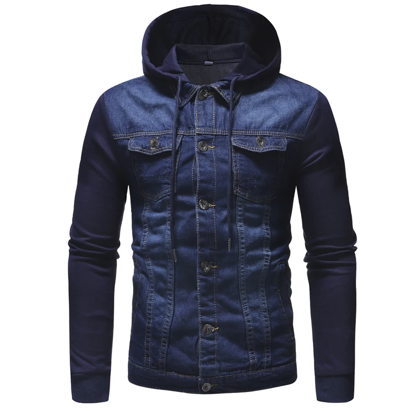 Джинсовая куртка мужская Трикотажная с капюшоном дизайнерская джинсовая куртка большой размер S-3XL мужская повседневная однобортная модная стеганая джинсовая куртка - Цвет: blue