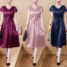 

Elegant Women Maxi Dress 2022Spring AndSummer Plus SizeSatin Silk Solidshort sleevebeltedV- Neck Party Fashion Robe Femme Dress