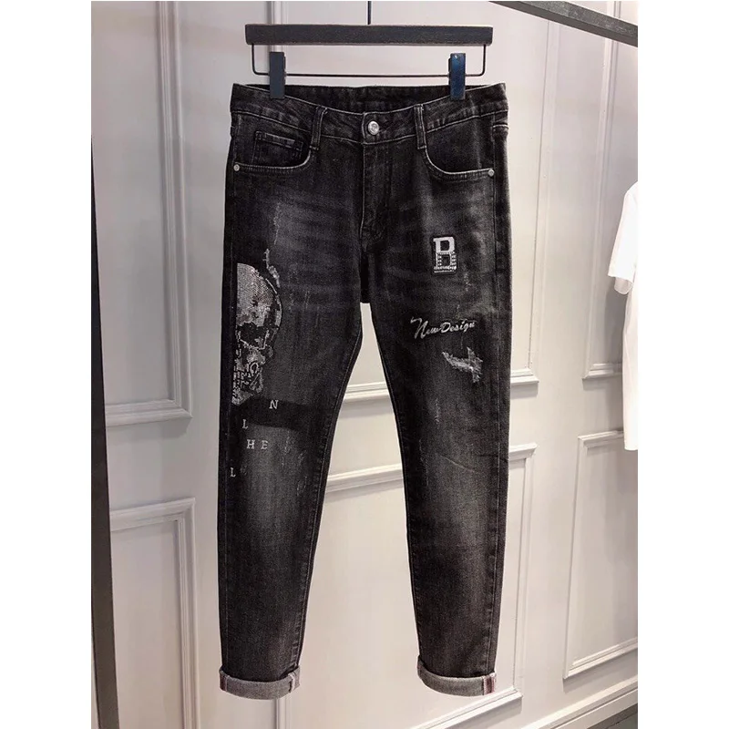 Starbags PP high street джинсы Стильные Мужские индивидуальная одежда нашивки черный череп горячая печать брюки