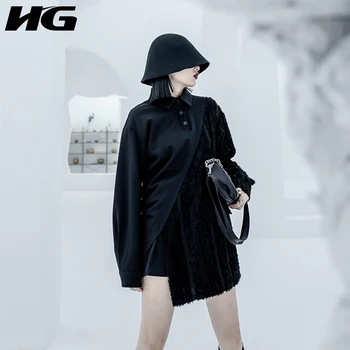 

HG Trend Irregular Fold Stitching T Shirt Loose Plus Size Long Sleeve Wild Polo Collar Woman Tshirts Streetwear Autumn DZL1922