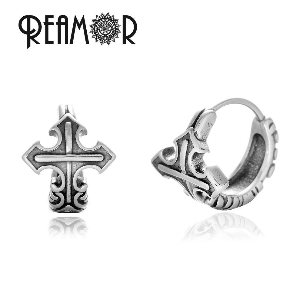 Reamor Orecchini A Cerchio Croce Vintage Totem In Acciaio Inossidabile Cerchio Piercing Orecchino Per Donna Uomo Punk Rock Gioielli In Metallo 1 Set