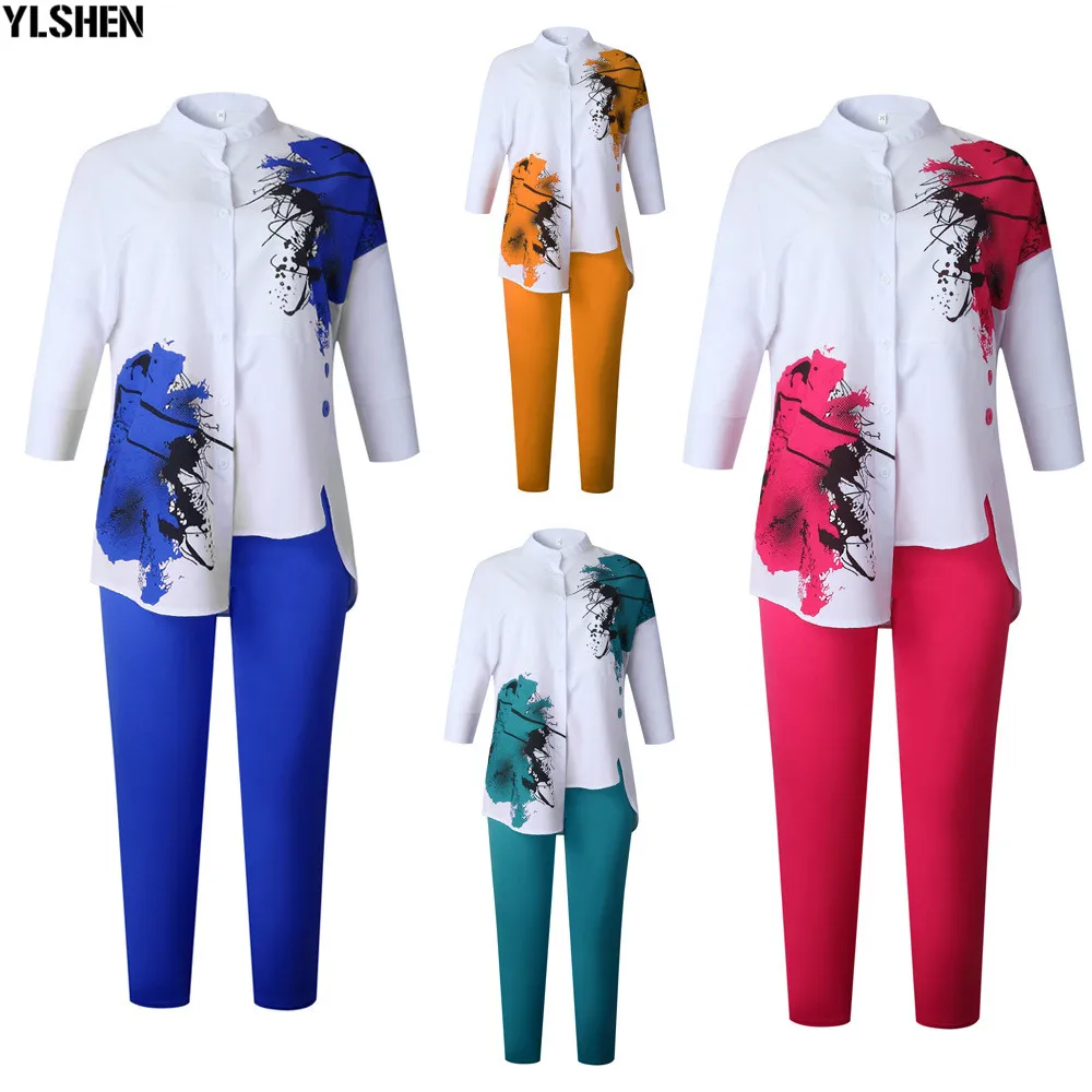 African Women Sets Print Long Sleeve Blazer T-shirt Pants Suits Office Lady Elegant 2 Piece Set Business Outfits Africa Clothing 11