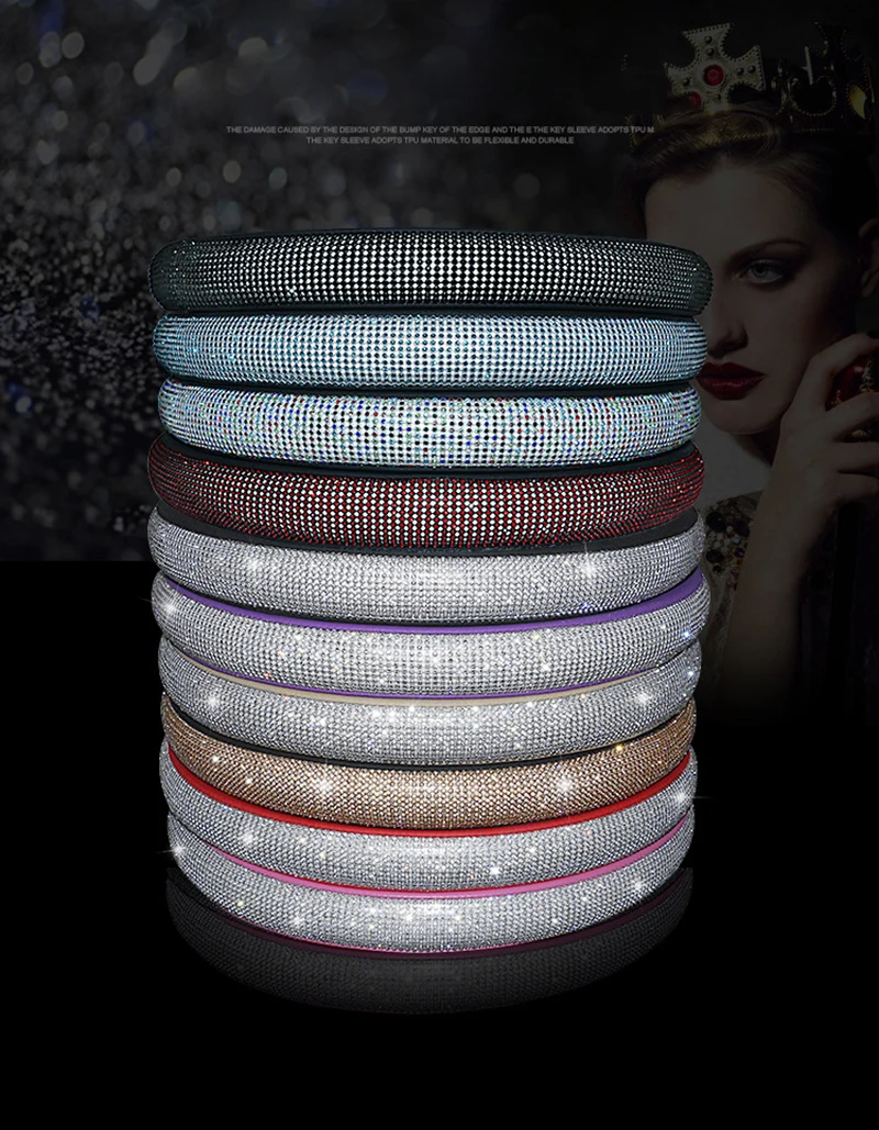 Volante do Carro Acessórios do Carro para Meninas Luxo Strass Capa Moda Diamante Couro Plutônio Bonito Senhora Mulher 38cm 8 Capas p/ direção