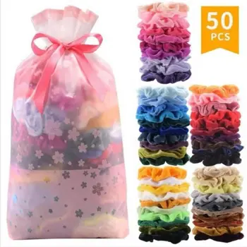 

50 Pcs Soft Chiffon Velvet Satin Hair Scrunchie Floral Velvet Elastic Hair Bands for Women or Girls Hair Accessories