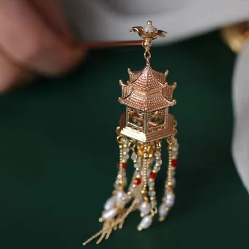 

Vintage Pavilion Flower Handmade Pearl Tassel Hair Sticks Hairclip Pin Hair Accessories Headwear for Hanfu Kimono COSPLAY