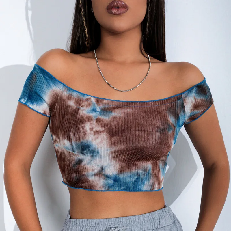 

2021 Summer Women Tie Dye T-shirt Short Sleeve Cotton Off Shoulder Crop Tops Colorful Shirt High Street Pullover Y2k
