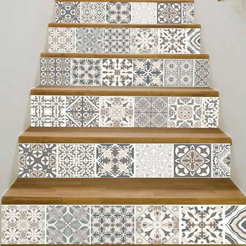 6pcs/set 3D Mandala Flower Staircase Stair Riser Floor Sticker Self Adhesive DIY Stairway Waterproof PVC Wall Decal Home Decor