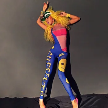 

Sexy Sleeveless Printed Smiley Jumpsuit Nightclub Bar Female Singer DJ Costume Ladies Birthday Party Performance Clothes DWY3336
